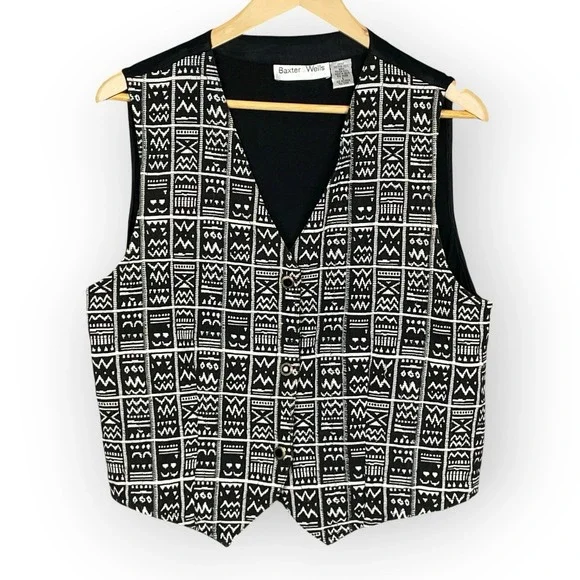 VTG 90s Baxter Wells Woven Tribal Print Vest Womens L Retro Satin Lined Tie Back - Picture 1 of 6